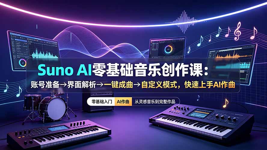 Suno AI零基础音乐创作课：账号准备→界面解析→一键成曲→自定义模式，快速上手AI作曲-青禾学社