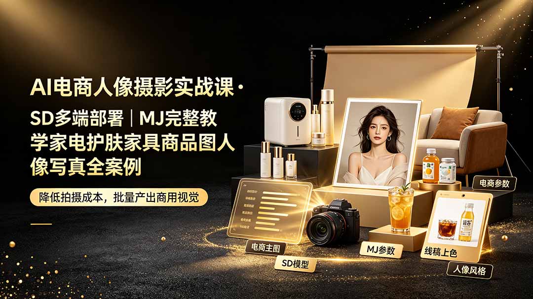 AI电商人像摄影实战课·SD多端部署｜MJ完整教学｜家电护肤家具商品图人像写真全案例-青禾学社