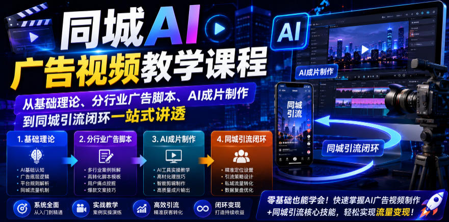 同城AI广告视频教学课程，从基础理论、分行业广告脚本、AI成片制作到同城引流闭环一站式讲透-青禾学社