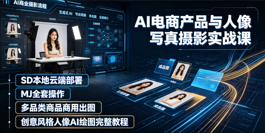 AI电商产品与人像写真摄影实战课｜SD本地云端部署、MJ全套操作、多品类商品商用出图、创意风格人像AI绘图完整教程-青禾学社