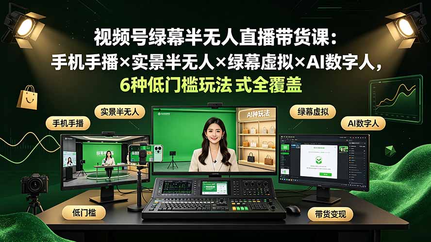 视频号绿幕半无人直播带货课：手机手播×实景半无人×绿幕虚拟×AI数字人，6种低门槛玩法全覆盖-青禾学社