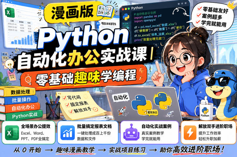 漫画版Python自动化办公实战课｜零基础趣味学编程，全场景办公提效、批量搞定报表文档、解放双手进阶职场-青禾学社