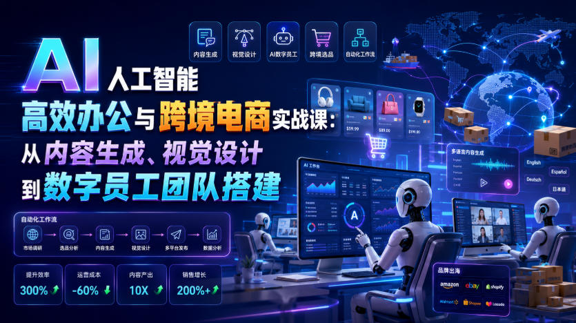 AI人工智能高效办公与跨境电商实战课：从内容生成、视觉设计到数字员工团队搭建-青禾学社