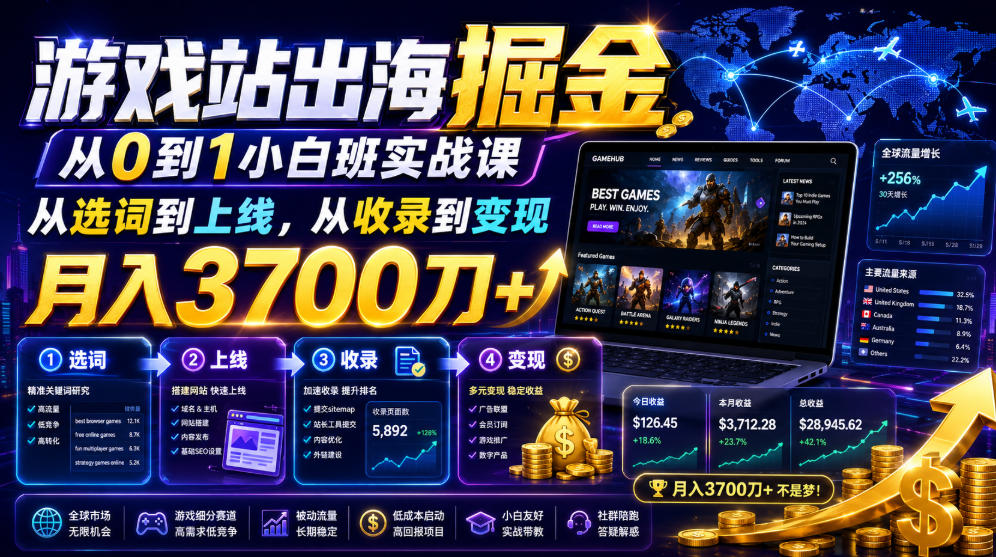 游戏站出海掘金从0到1小白实战课，从选词到上线，从收录到变现，月入3700刀+-青禾学社