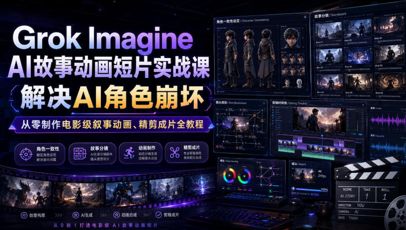 Grok Imagine AI故事动画短片实战课｜解决AI角色崩坏，从零制作电影级叙事动画、精剪成片全教程(中英字幕)-青禾学社