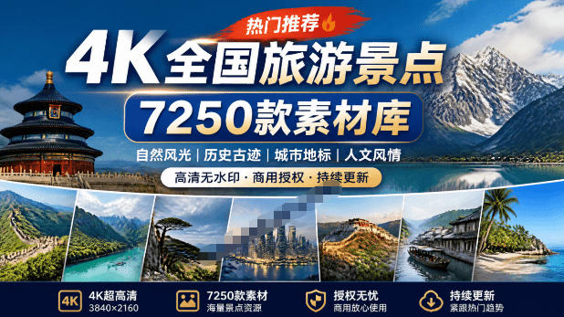 热门全国旅游风景素材！4K全国旅游景点素材库，7250款素材，旅行达人城市航拍风景风光高清短视频-青禾学社
