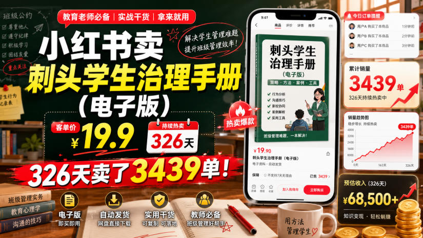 小红书卖刺头学生治理手册(电子版)，客单价19.9，326天卖了3439单！-青禾学社