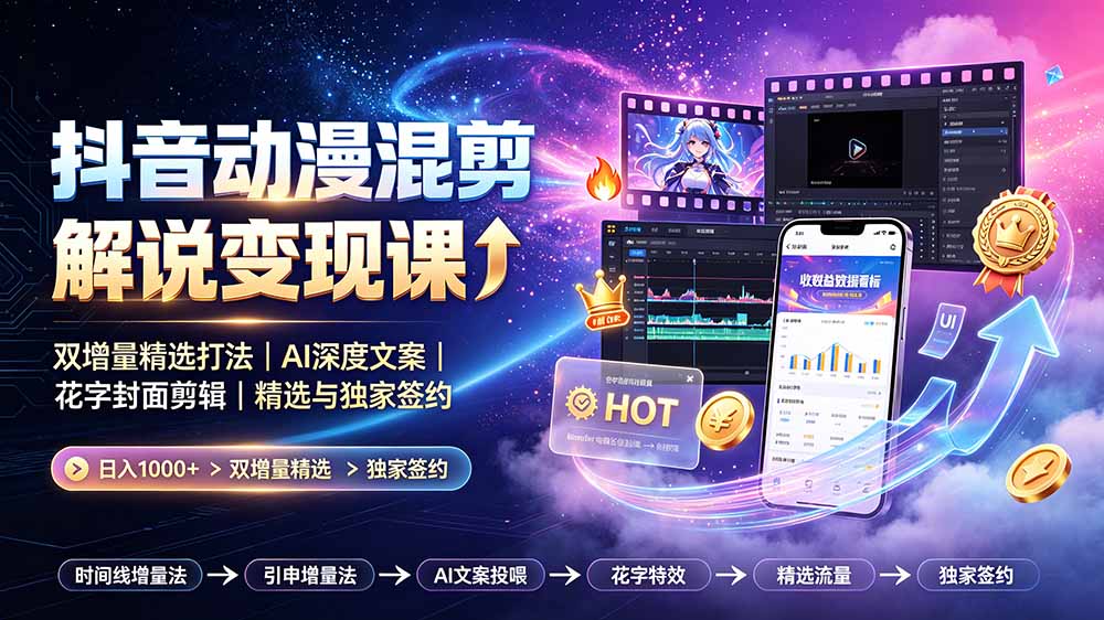 抖音动漫混剪解说变现课：双增量精选打法｜AI深度文案｜花字封面剪辑｜ 精选与独家签约日入1000+-青禾学社