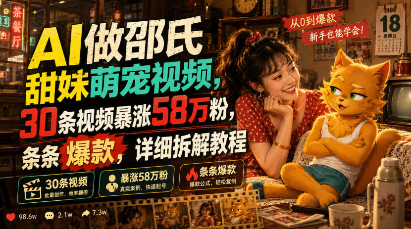 AI做邵氏甜妹萌宠视频，30条视频暴涨58万粉，条条爆款，详细拆解教程-青禾学社