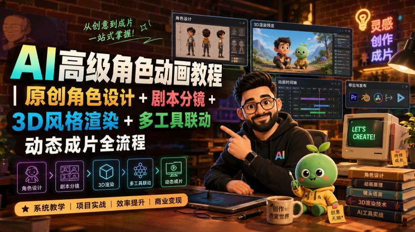 AI高级角色动画教程｜原创角色设计+剧本分镜+3D风格渲染+多工具联动动态成片全流程【中英字幕】-青禾学社