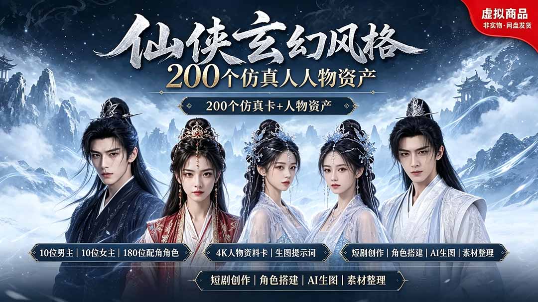 200个仙侠玄幻仿真人素材◆10男主×10女主×180配角，4K资料卡+AI生图提示词，漫剧必备-青禾学社