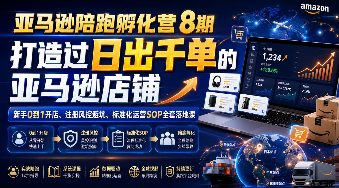 亚马逊陪跑孵化营8期，打造过日出千单的亚马逊店铺，新手0到1开店、注册风控避坑、标准化运营SOP全套落地课-青禾学社