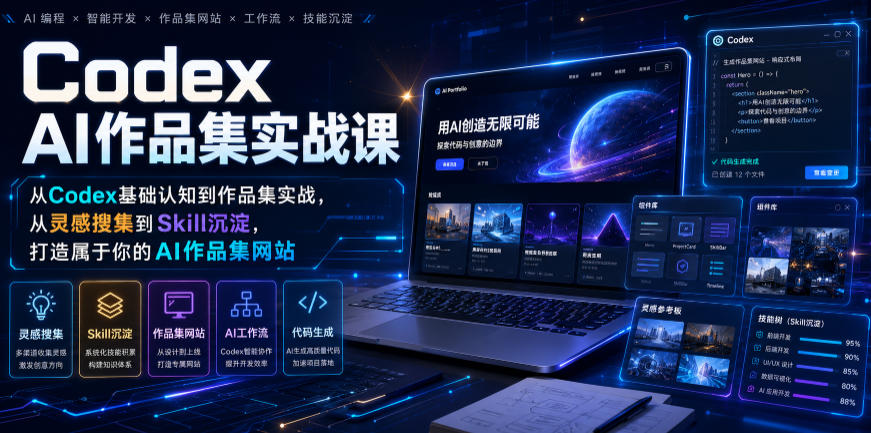 Codex AI作品集实战课，从Codex基础认知到作品集实战，从灵感搜集到Skill沉淀，打造属于你的AI作品集网站-青禾学社