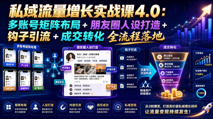 私域流量增长实战课4.0：多账号矩阵布局+朋友圈人设打造+钩子引流+成交转化全流程落地-青禾学社