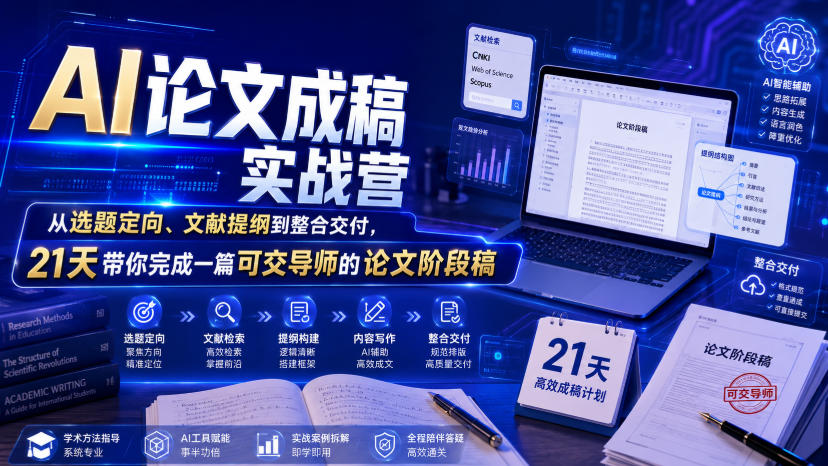 AI论文成稿实战营，从选题定向、文献提纲到整合交付，21天带你完成一篇可交导师的论文阶段稿-青禾学社