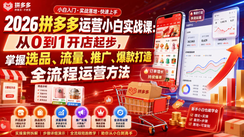 2026拼多多运营小白实战课：从0到1开店起步，掌握选品、流量、推广、爆款打造全流程运营方法-青禾学社