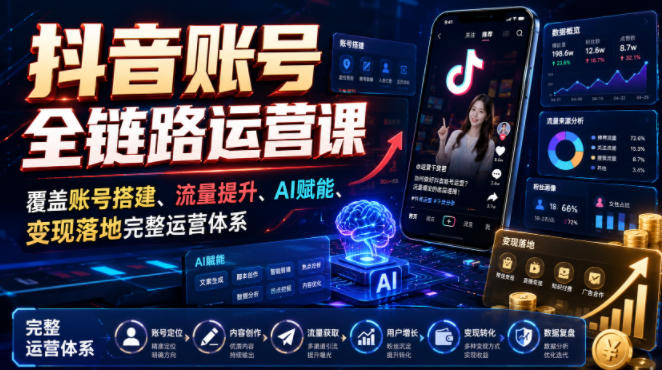 抖音账号全链路运营课，覆盖账号搭建、流量提升、AI赋能、变现落地完整运营体系-青禾学社