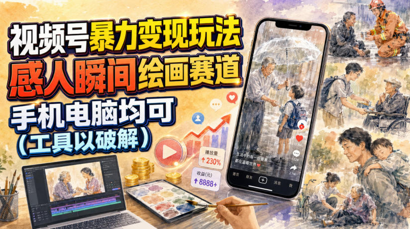视频号暴力变现玩法，感人瞬间绘画赛道，手机电脑均可-青禾学社