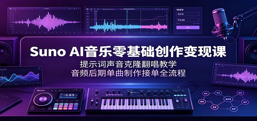 Suno AI音乐零基础创作变现课：提示词声音克隆翻唱教学，音频后期单曲制作接单全流程-青禾学社