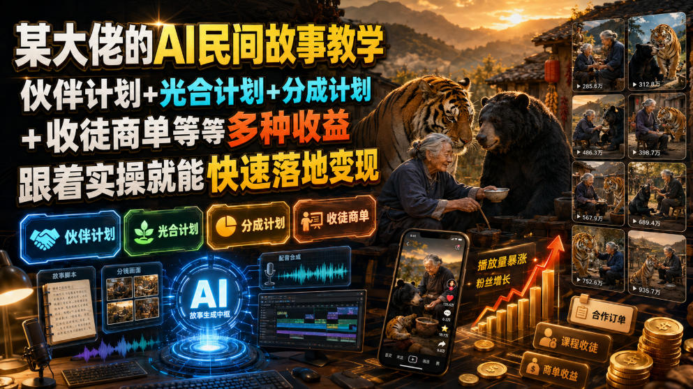 某大佬的AI民间故事教学，伙伴计划+光合计划+分成计划+收徒商单等多种收益，跟着实操就能快速落地变现-青禾学社
