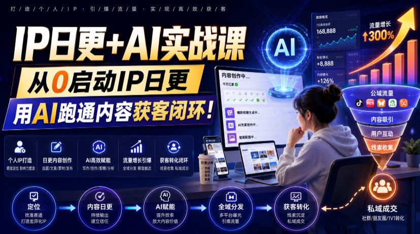 IP日更+AI实战课，从0启动IP日更，IP置顶视频制作+100条选题库搭建+10条日更规划，用AI跑通内容获客闭环!-青禾学社