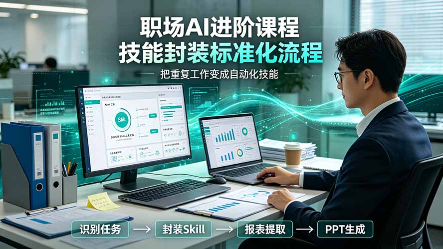 职场AI进阶课程；多类实用Skill工具实操，专属技能封装标准化流程，报表行业报告一键提取核心内容-青禾学社