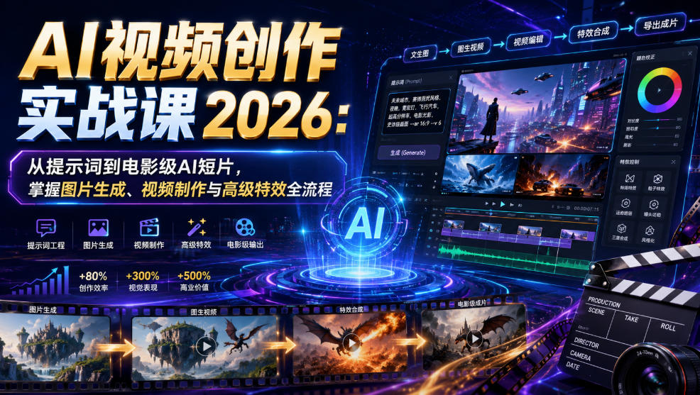AI视频创作实战课2026：从提示词到电影级AI短片，掌握图片生成、视频制作与高级特效全流程-青禾学社
