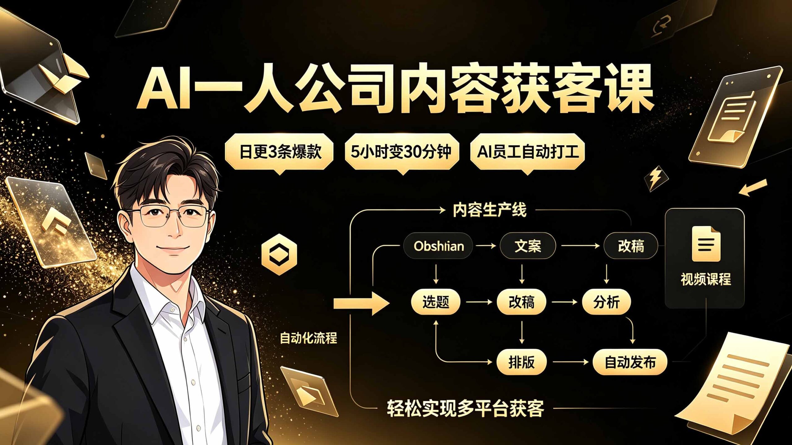 AI一人公司内容获客课：日更3条爆款×5小时变30分钟×AI员工自动打工，轻松实现多平台获客-青禾学社