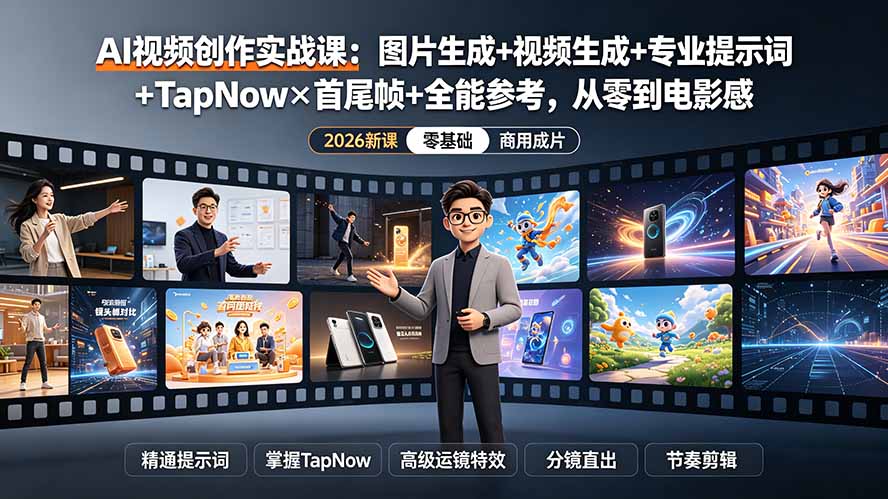 AI视频创作实战课：图片生成+视频生成+专业提示词+TapNow×首尾帧+全能参考，从零到电影感成片-青禾学社
