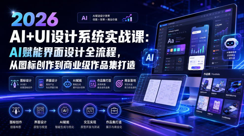 2026 AI+UI设计系统实战课：AI赋能界面设计全流程，从图标创作到商业级作品集打造-青禾学社