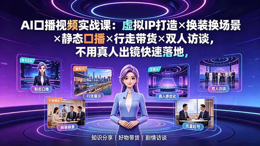 AI口播视频实战课：虚拟IP打造×换装换场景×静态口播×行走带货×双人访谈，不用真人出镜快速落地-青禾学社