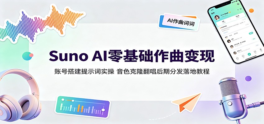 Suno AI零基础作曲变现：账号搭建提示词实操，音色克隆翻唱后期分发落地教程-青禾学社