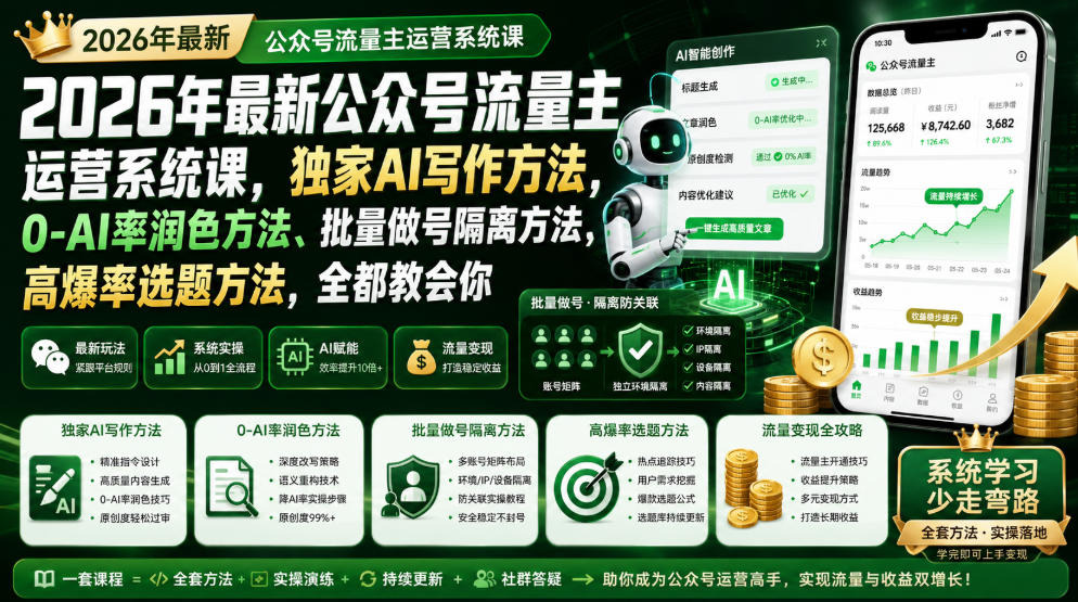 2026年最新公众号流量主运营系统课，独家AI写作方法，0-AI率润色方法、批量做号隔离方法、高爆率选题方法，全都教会你-青禾学社
