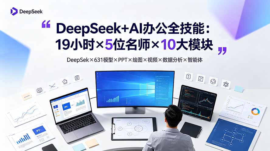 DeepSeek+AI办公全技能：19小时×5位名师×10大模块，DeepSeek×631模型×PPT×绘图×视频×数据分析×智能体-青禾学社