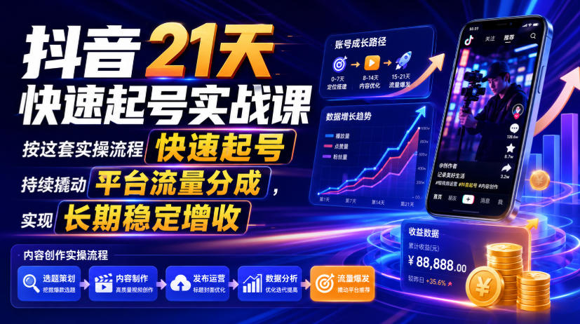 抖音21天快速起号实战课，按这套实操流程快速起号，持续撬动平台流量分成，实现长期稳定增收-青禾学社