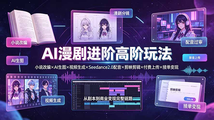 AI漫剧进阶高阶玩法：小说改编×AI生图×视频生成×Seedance2.0配音×剪映剪辑×付费上传×接单变现-青禾学社
