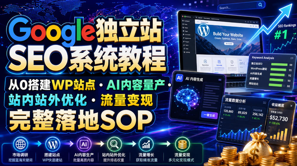 Google独立站SEO系统教程，从0搭建WP站点・AI内容量产・站内站外优化・流量变现完整落地SOP(2026年7月)-青禾学社