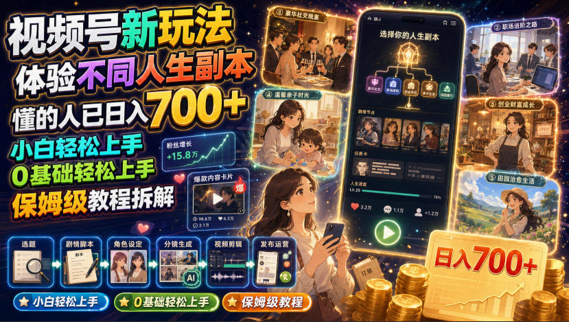 视频号新玩法体验不同人生副本，懂的人已日入700+，小白轻松上手，0基础轻松上手，保姆级教程拆解-青禾学社