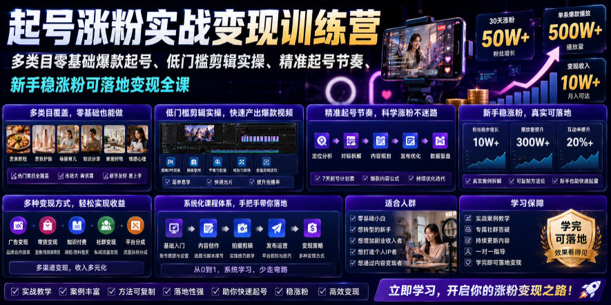 苗子起号涨粉实战变现训练营，多类目零基础爆款起号、精准起号节奏、新手稳涨粉可落地变现全课(更新0719)-青禾学社