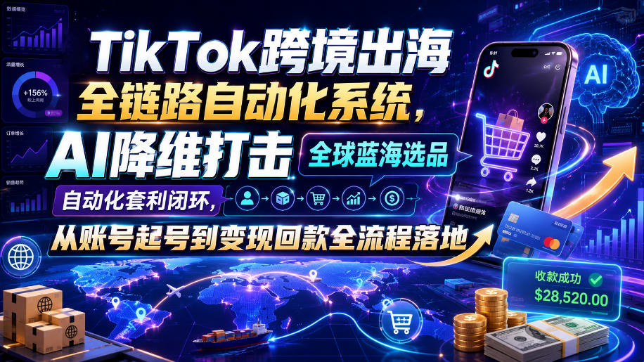 TikTok跨境出海全链路自动化系统，AI降维打击全球蓝海选品自动化套利闭环，从账号起号到变现回款全流程落地(2026年7月)-青禾学社