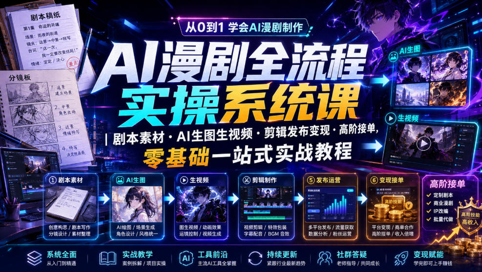 AI漫剧全流程实操系统课｜剧本素材・AI生图生视频・剪辑发布变现・高阶接单，零基础一站式实战教程-青禾学社