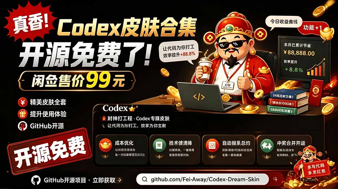 闲鱼售卖99元的Codex皮肤包，GitHub 免费开源了！让你的codex变成精美界面 Codex Dream Skin-青禾学社