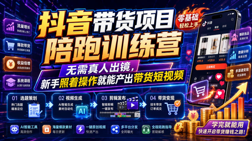 抖音带货项目陪跑训练营，无需真人出镜，新手照着操作就能产出带货短视频-青禾学社