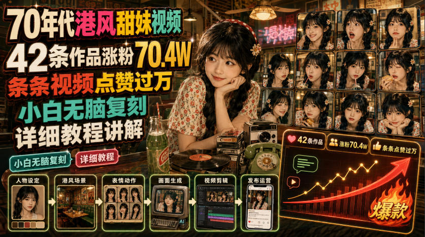 70年代港风甜妹视频，42条作品涨粉70.4W，条条视频点赞过万，小白无脑复刻，详细教程讲解-青禾学社