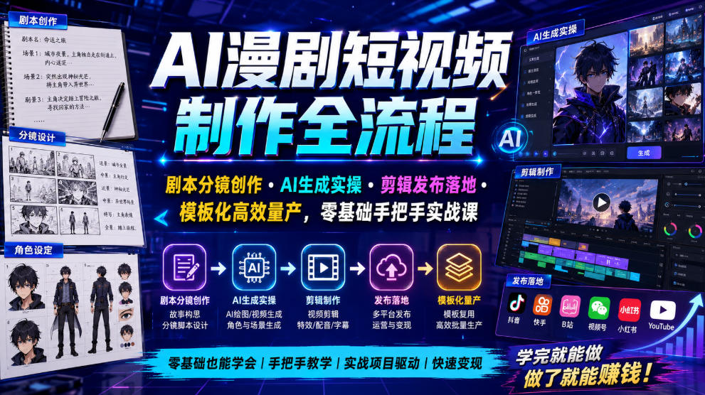 AI漫剧短视频制作全流程｜剧本分镜创作・AI生成实操・剪辑发布落地・模板化高效量产，零基础手把手实战课-青禾学社