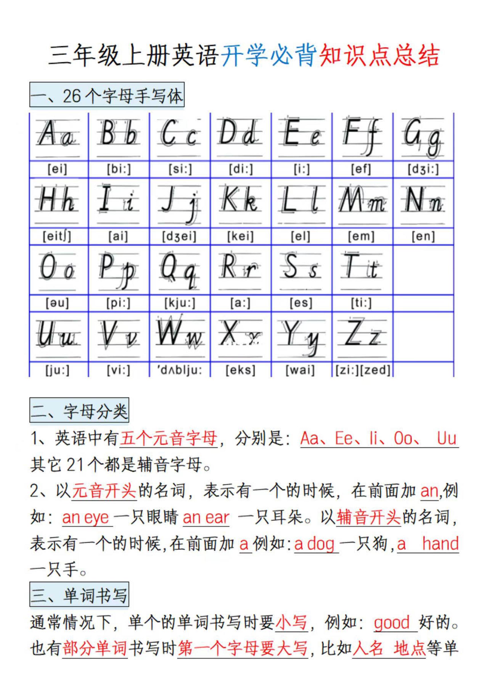 三年级上册英语开学必背知识点总结-青禾学社