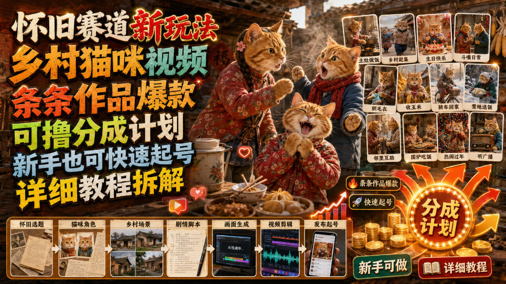 怀旧赛道新玩法，乡村猫咪视频，条条作品爆款，可撸分成计划，新手也可快速起号，详细教程拆解-青禾学社