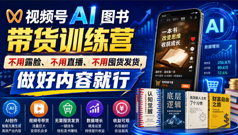 视频号AI图书带货训练营，不用露脸、不用直播、不用囤货发货，做好内容就行，一条爆款视频佣金8942-青禾学社