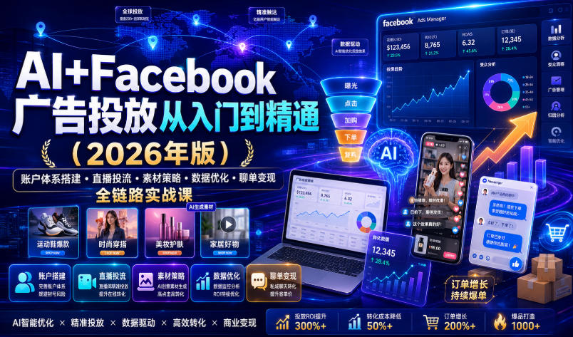 AI+Facebook广告投放从入门到精通(2026年版)｜账户体系搭建・直播投流・素材策略・数据优化・聊单变现全链路实战课-青禾学社