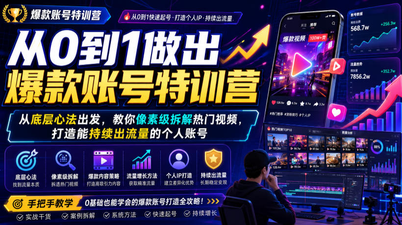 从0到1做出爆款账号特训营，从底层心法出发，教你像素级拆解热门视频，打造能持续出流量的个人账号-青禾学社